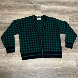 Marled Green and Black Checkered V Neck Women’s Cozy Cardigan Size Large